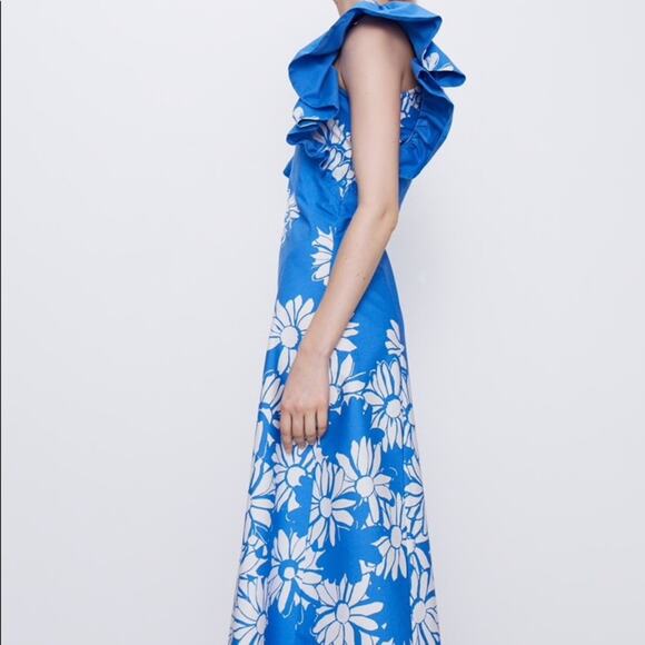 NEW ZARA 100% Cotton Flower Printed Blue Ruffle Dress - Picture 4 of 14